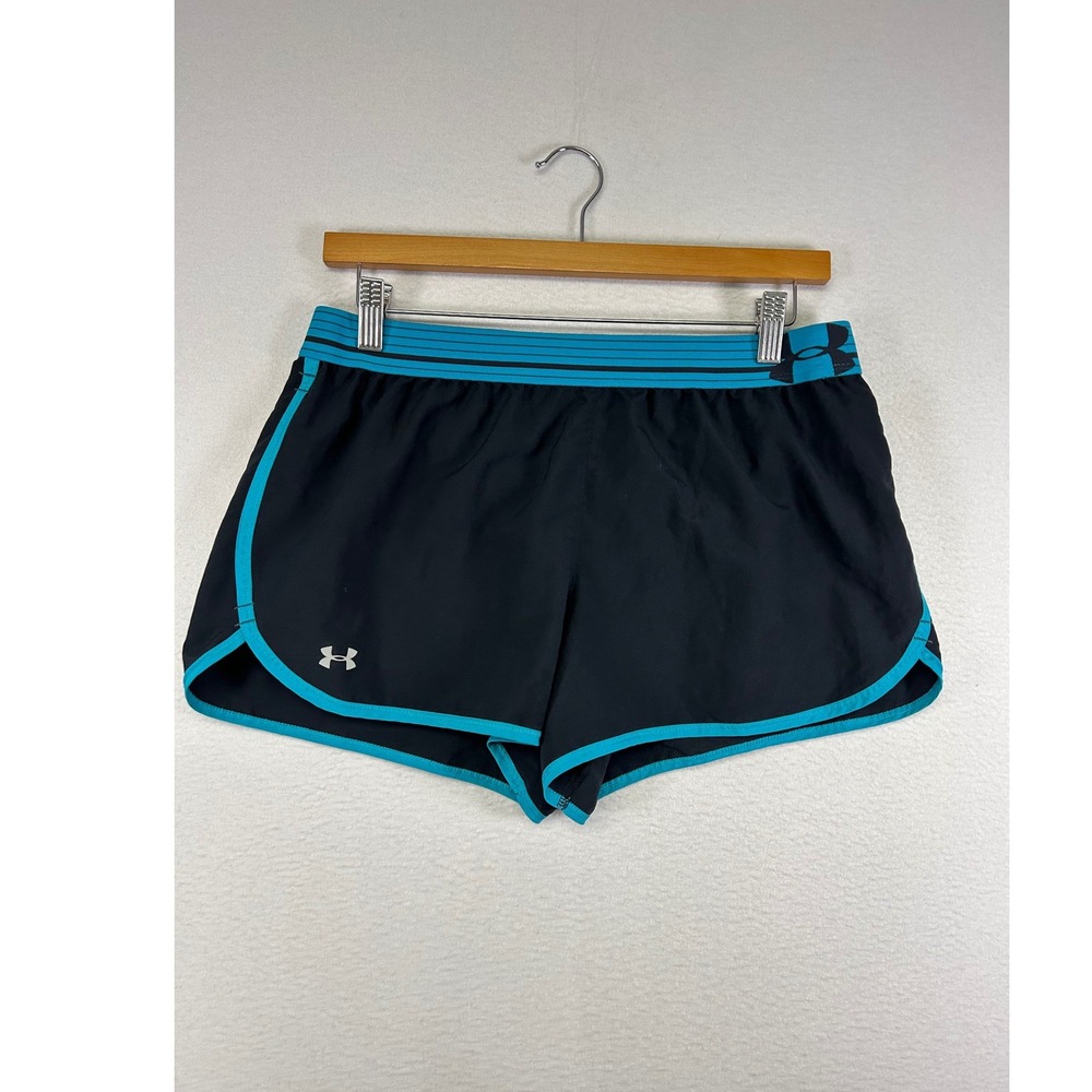Athletic Under Armour Women Medium Black Teal Running Shorts 1253858 10in Length